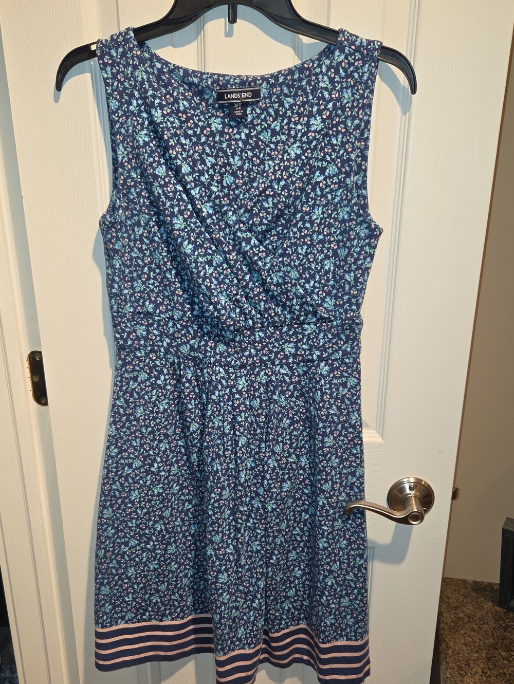 Lands' End Navy Blue Floral Sleeveless A-Line Dress with Pink Stripe Hem